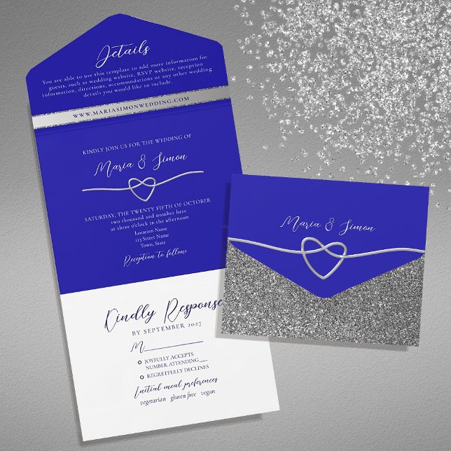 Invitación Todo En Uno Elegante Boda plateado y azul real (Subido por el creador)