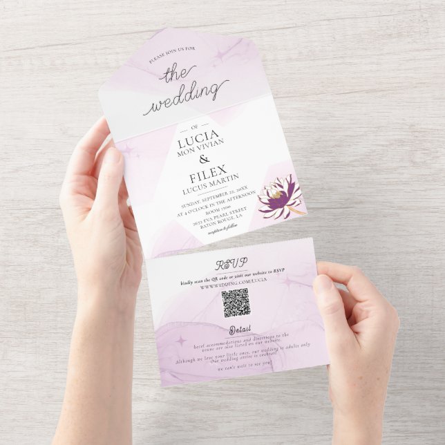 Invitación Todo En Uno Elegante Boda Purple Lotus Mini Floral (desgarro)