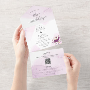 Invitación Todo En Uno Elegante Boda Purple Lotus Mini Floral
