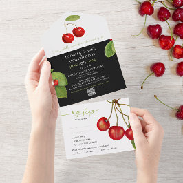 Invitación Todo En Uno Elegante Boda QR de frutos de cerezo blanco negro