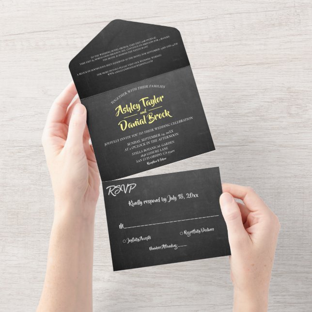 Invitación Todo En Uno Elegante Boda retro de guiones de chalkboard (desgarro)