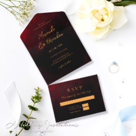 Invitación Todo En Uno Elegante Boda rojo negro dorado