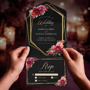 Invitación Todo En Uno Elegante boda romántica floral roja y oscura