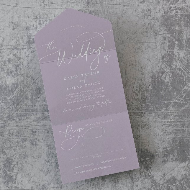 Invitación Todo En Uno Elegante Boda RSVP Lavender Purple (Elegant Charm RSVP Lavender Purple Wedding All In One Invitation)