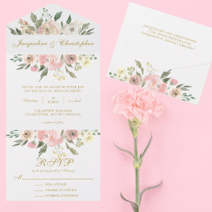 Invitación Todo En Uno Elegante Boda Rubor de verano con flores de oro ro