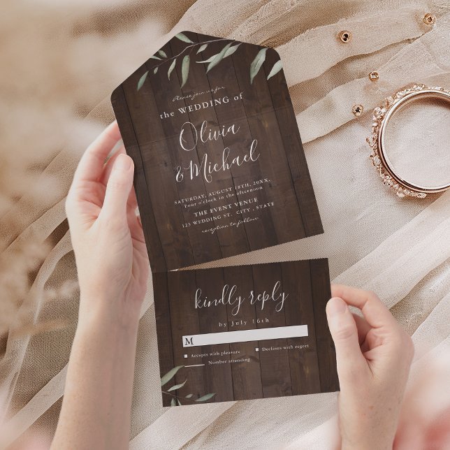 Invitación Todo En Uno Elegante boda rústico de granero de madera de gran (Elegant greenery barn wood county rustic wedding all in one invitation)
