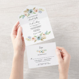 Invitación Todo En Uno Elegante Boda Rústico Floral Dusty Blue con RSVP