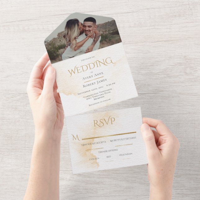 Invitación Todo En Uno Elegante Boda Rústico Neutral de acuarela (desgarro)