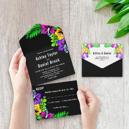 Invitación Todo En Uno Elegante Boda Rústico Tropical Boho Black Floral