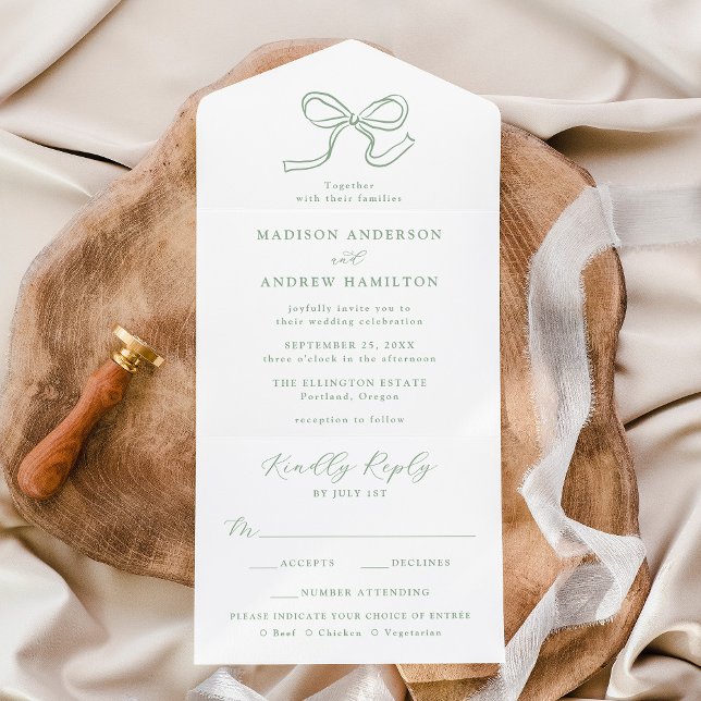 Invitación Todo En Uno Elegante Boda Sage Green Bow (Subido por el creador)