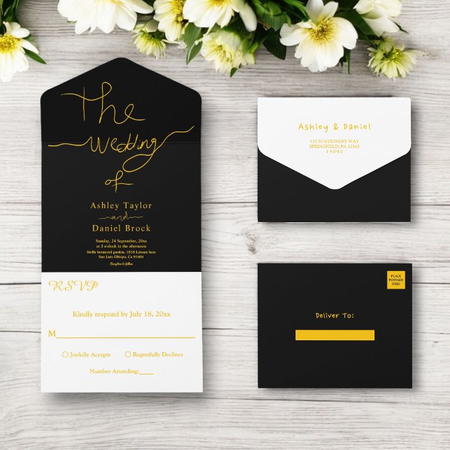 Invitación Todo En Uno Elegante Boda Sencillo Negro Y Oro Delicado (Subido por el creador)