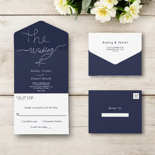 Invitación Todo En Uno Elegante Boda simple de la marina azul blanco delg