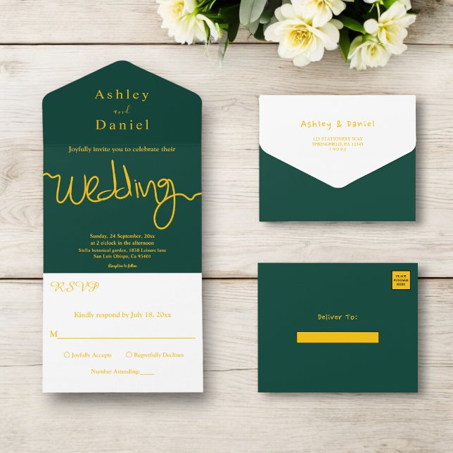 Invitación Todo En Uno Elegante Boda Simple Verde y Dorado Caligrafía (Subido por el creador)