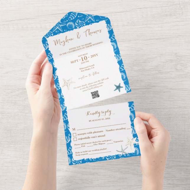Invitación Todo En Uno Elegante Boda temático de playa con código QR RSVP (desgarro)