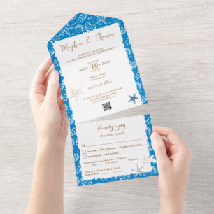 Invitación Todo En Uno Elegante Boda temático de playa con código QR RSVP