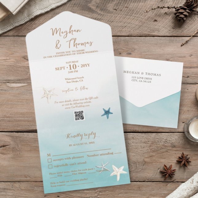 Invitación Todo En Uno Elegante Boda temático de playa con código QR RSVP (Subido por el creador)