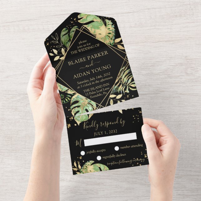 Invitación Todo En Uno Elegante Boda Tropical Botánico Negro y Oro (desgarro)