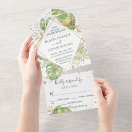 Invitación Todo En Uno Elegante Boda Tropical Esmeralda Verde y Dorado