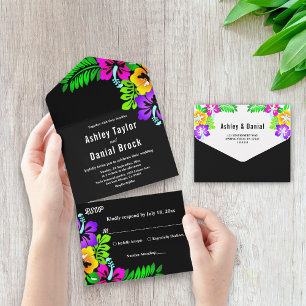 Invitación Todo En Uno Elegante Boda Tropical Rústica Boho Floral Negra