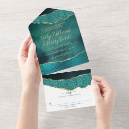 Invitación Todo En Uno Elegante Boda Turquesa & Gold Agate