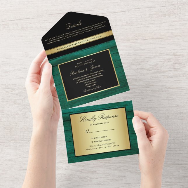 Invitación Todo En Uno Elegante Boda verde esmeralda (desgarro)