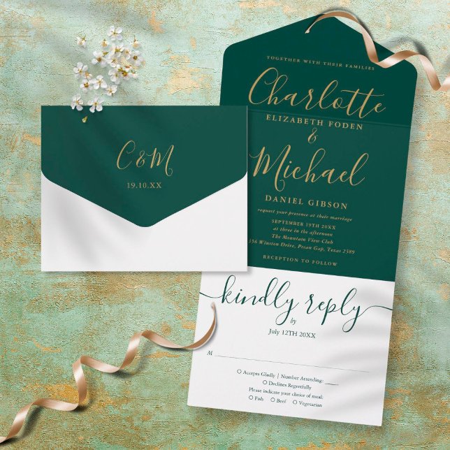 Invitación Todo En Uno Elegante Boda verde esmeralda con guión dorado (Subido por el creador)