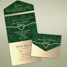 Invitación Todo En Uno Elegante Boda Verde Esmeralda y Oro
