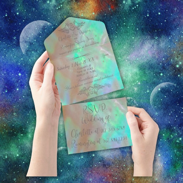 Invitación Todo En Uno Elegante Boda Verde Madre de Perla (Subido por el creador)