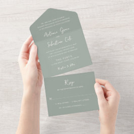Invitación Todo En Uno Elegante Boda Verde Moderno de Salvia