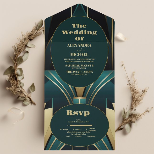 Invitación Todo En Uno Elegante Boda verde y dorado Art Deco (Subido por el creador)
