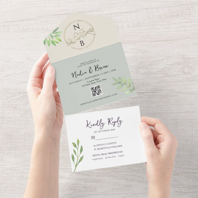 Invitación Todo En Uno Elegante Boda Verde y Oro (desgarro)