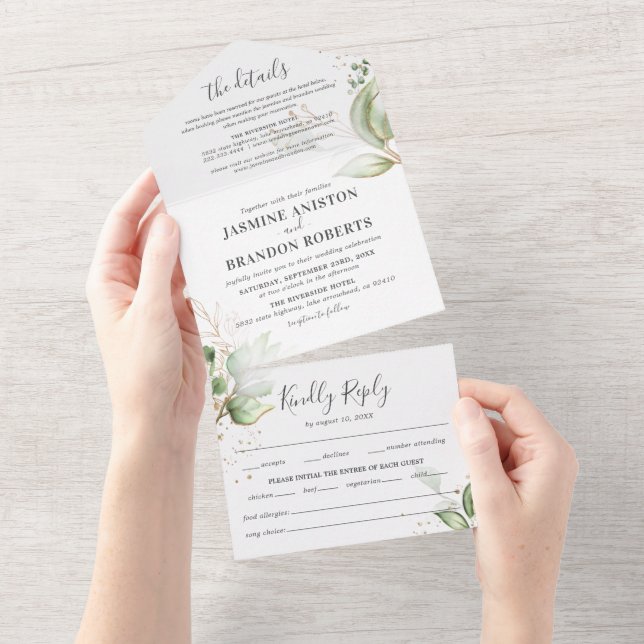 Invitación Todo En Uno Elegante Boda Verde y Oro (desgarro)