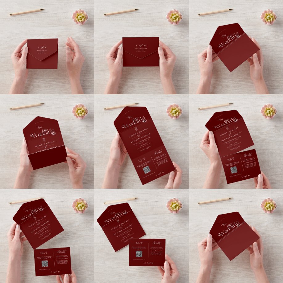 Invitación Todo En Uno Elegante Boda Whimsical de Borgoña