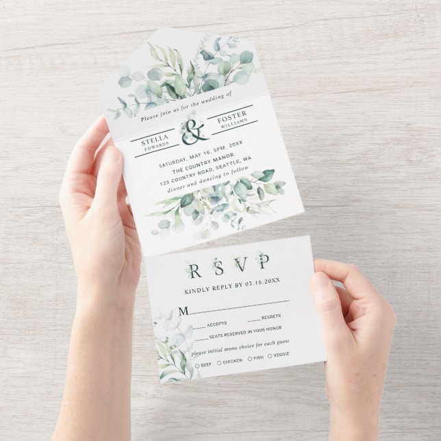 Invitación Todo En Uno Elegante Boda y afición de follaje verde (desgarro)