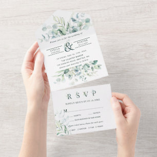 Invitación Todo En Uno Elegante Boda y afición de follaje verde