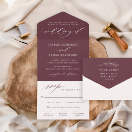 Invitación Todo En Uno Elegante Bodas de Letra Caligrafía Borgoña