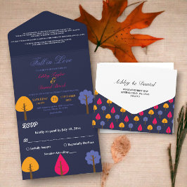 Invitación Todo En Uno Elegante Boho Árboles Coloridos Boda Otoño Azul Ma