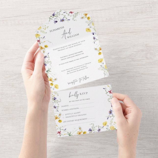 Invitación Todo En Uno Elegante Boho Floral de Flores Silvestres Boda RSV (desgarro)