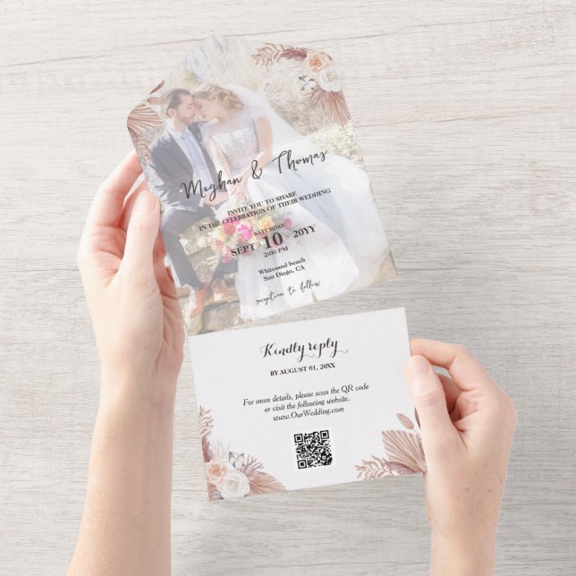 Invitación Todo En Uno Elegante Boho Floral Photo Overlay Boda QR Code (desgarro)