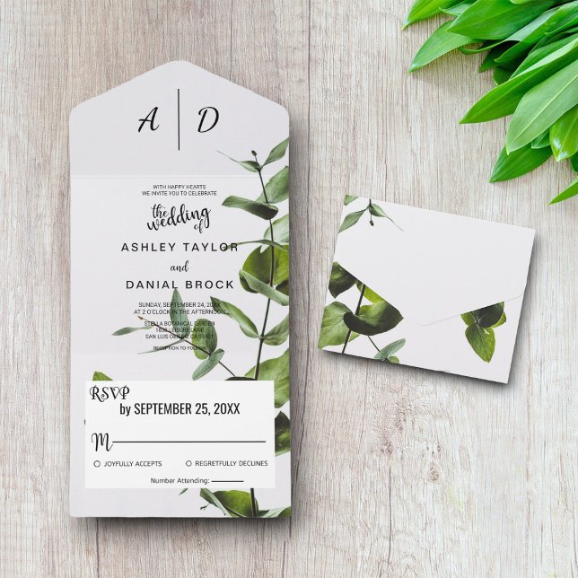 Invitación Todo En Uno Elegante Boho Green Leaves Monograma Boda Floral (Subido por el creador)