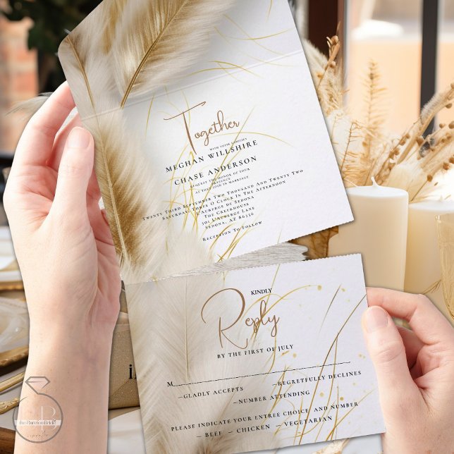 Invitación Todo En Uno Elegante Boho Ivory y Gold Pampas (Subido por el creador)