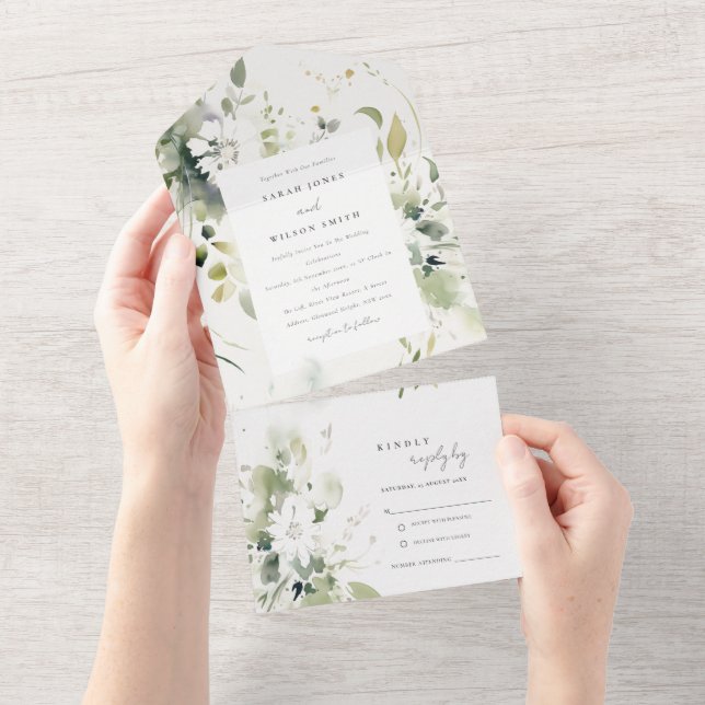 Invitación Todo En Uno Elegante Boho Resumen Boda Floral Blanca Verde (desgarro)