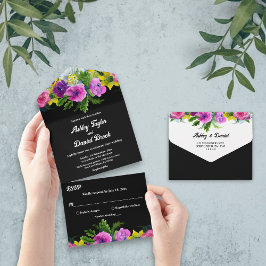 Invitación Todo En Uno Elegante Boho Romántico Flores Negras Boda Floral