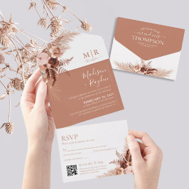Invitación Todo En Uno Elegante Boho Terracotta Pampas Boda de código QR