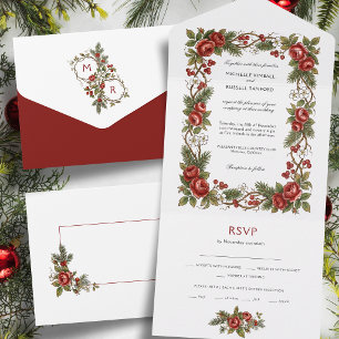 Invitación Todo En Uno Elegante Bordes Florales de Navidad de Invierno Vi