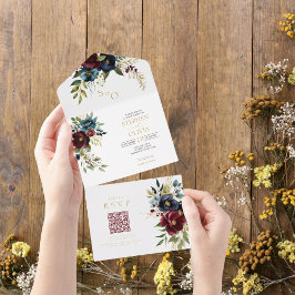 Invitación Todo En Uno Elegante Borgoña Floral Blooms QR RSVP boda
