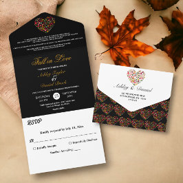Invitación Todo En Uno Elegante caída deja al Boda floral negro del coraz