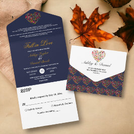 Invitación Todo En Uno Elegante caída deja Boda floral azul de la Marina 