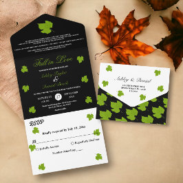 Invitación Todo En Uno Elegante caída verde deja Boda floral negro