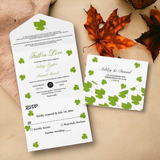 Invitación Todo En Uno Elegante caída verde deja Boda floral otoño (Subido por el creador)